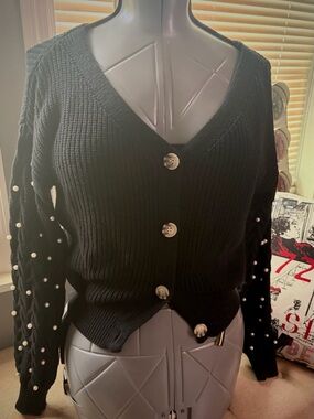 Jessica Simpson Black V-Neck Pearl-Embellished Cardigan